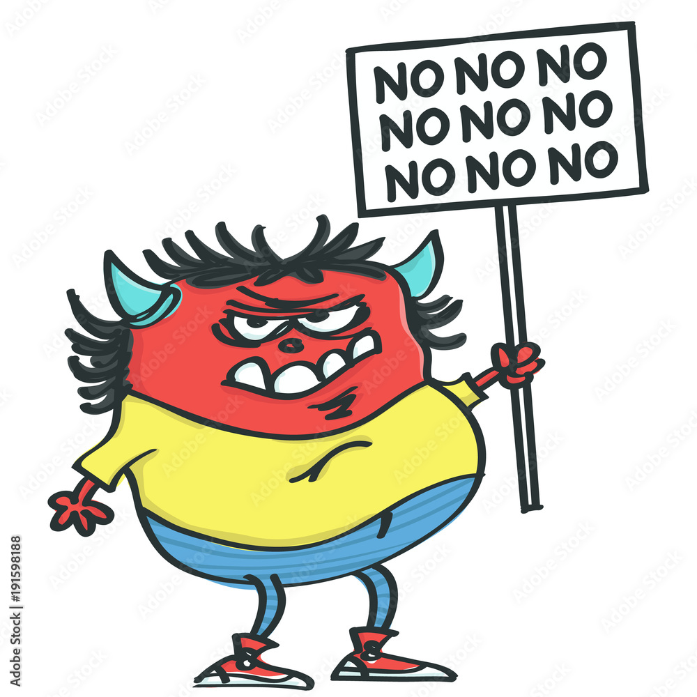 Funny grumpy monster holding placard and protesting, isolated vector cartoon