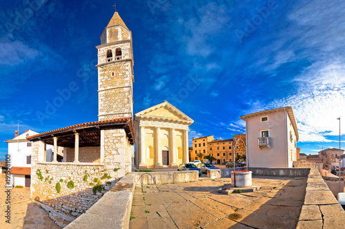 Town of Visnjan old stone square and church view