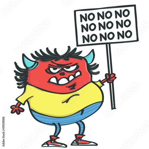 Funny grumpy monster holding placard and protesting, isolated vector cartoon