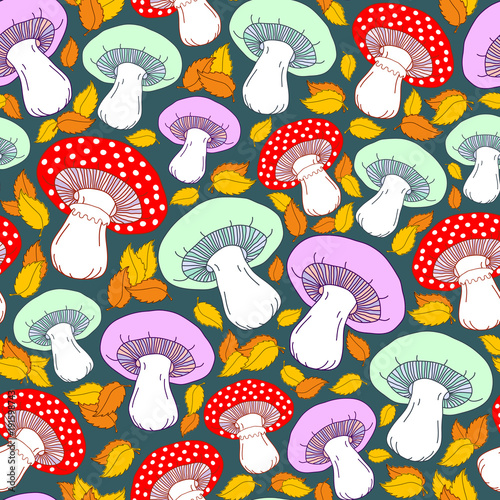 Seamless pattern with cute red fly-agaric amanita and other mushrooms, leaves. Colorful autumn vector pattern.