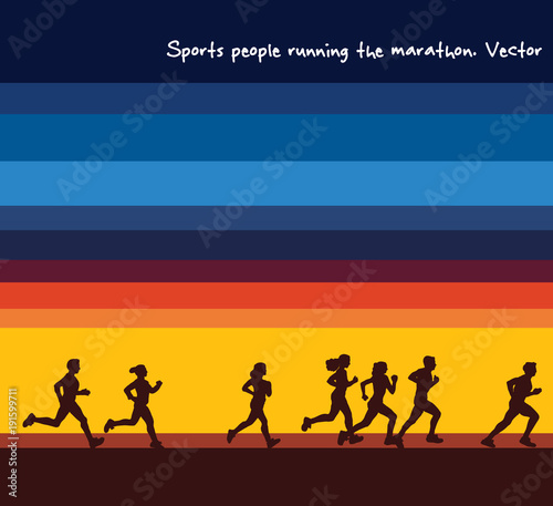 Sports people running marathon silhouettes and sunrise sky.