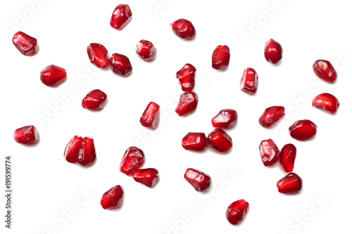 pomegranate seeds isolated on white background. top view. pomegranate berries.