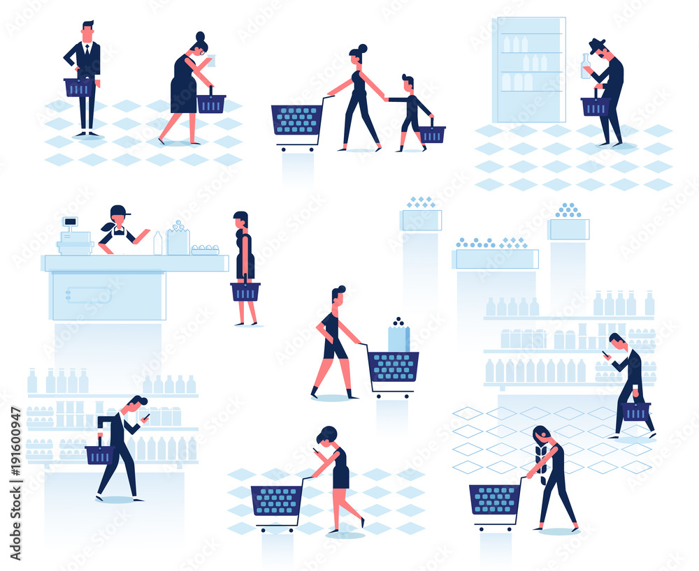 Fototapeta premium People Shopping in supermarket. Vector Elements for infographics. Flat Vector character woman cashier in supermarket. Concept illustration for banner.