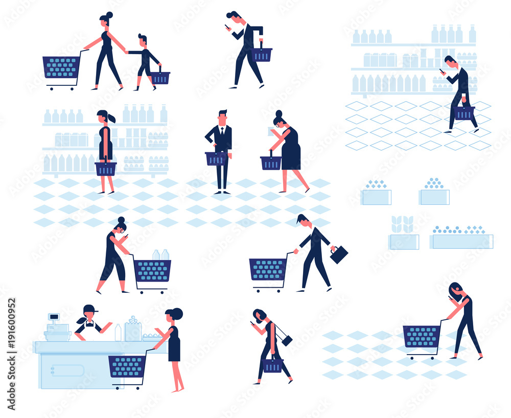 Fototapeta premium People Shopping in supermarket. Vector Elements for infographics. Flat Vector character woman cashier in supermarket. Concept illustration for banner.