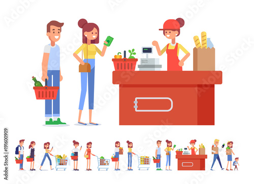 People Shopping in supermarket Big vector set. Flat Vector character woman cashier in supermarket. Concept illustration for banner. Cartoon modern style.