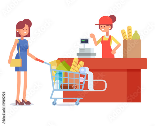 People Shopping in supermarket Big vector set. Flat Vector character woman cashier in supermarket. Concept illustration for banner. Cartoon modern style.