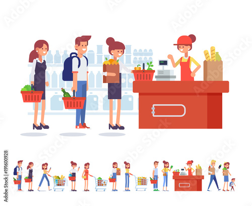 People Shopping in supermarket Big vector set. Flat Vector character woman cashier in supermarket. Concept illustration for banner. Cartoon modern style.