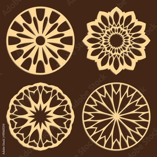 DIY laser cutting patterns. Jigsaw die cut ornaments. Islamic cutout silhouette stencils. Fretwork round panels. Vector coasters for paper cutting  scrapbook and woodcut.