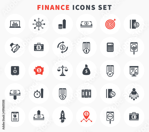 30 finance icons set, investment, shares, stocks, funds, assets, analytics, financial instruments, investing pictograms on white