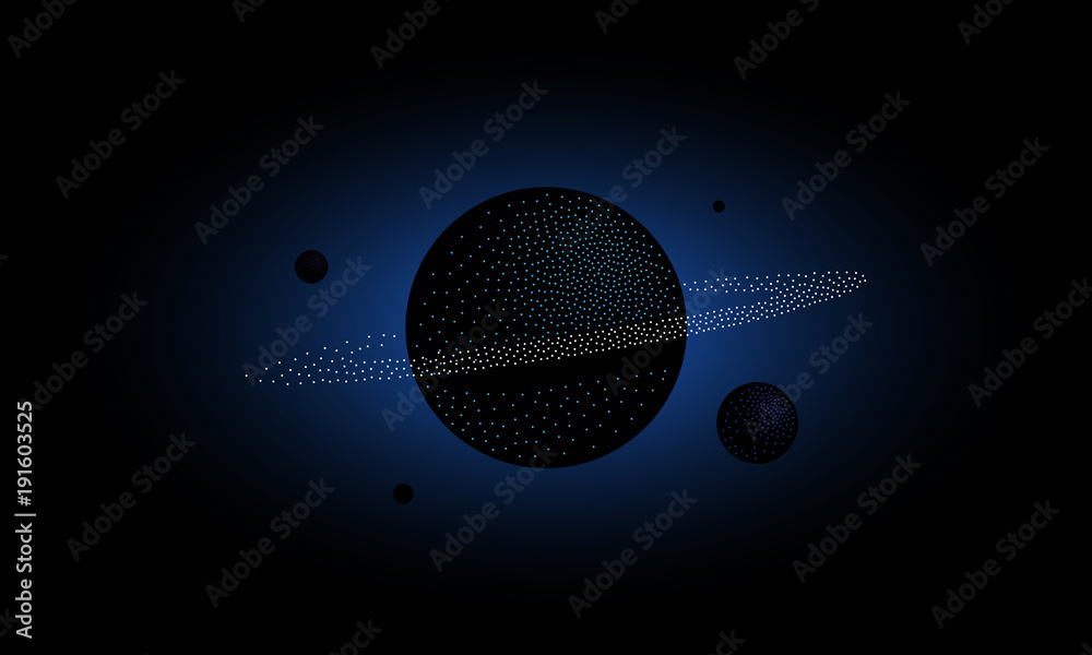Fototapeta premium Halftone 3d Saturn and Satellites. Dotwork science and space background.