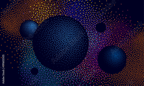 Halftone 3d space landscape with a nebula and planets. Dotwork science and space background.