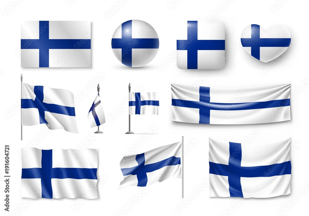 Set Finland flags, banners, banners, symbols, flat icon. Vector illustration of collection of national symbols on various objects and state signs Set Finland flags, banners, banners, symbols, flat icon. Vector illustration of collection of national symbols on various objects and state signs