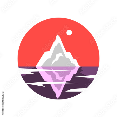 Round illustration of northern scenery with iceberg mountain with underwater glacier and sun in red sky