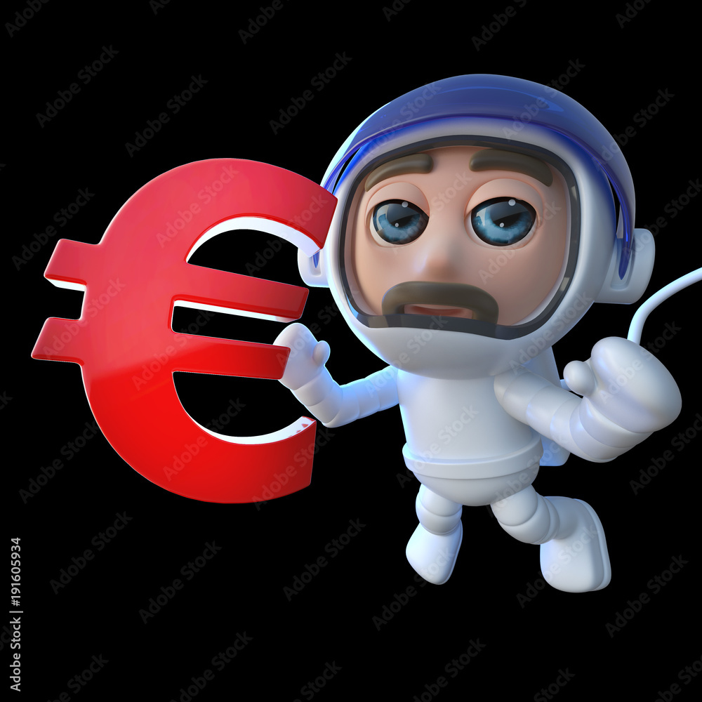 3d Funny cartoon spaceman astronaut holding a Euro currency symbol 3d Funny cartoon spaceman astronaut holding a Euro currency symbol