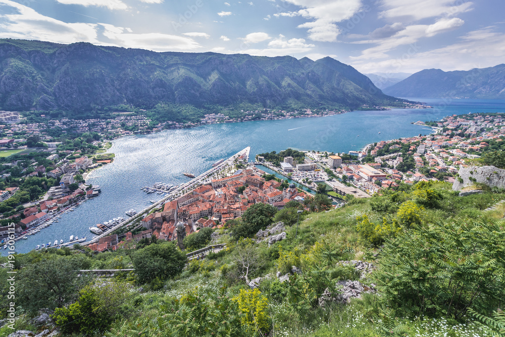 View on Bay of Kotor with old part of Kotor town, Montenegro