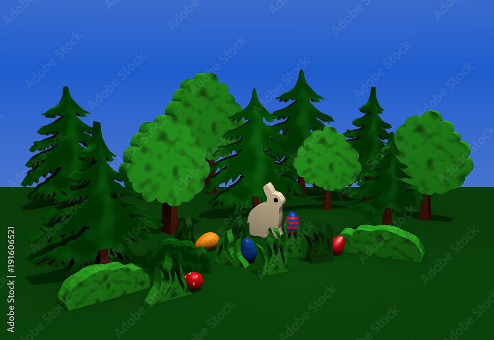 Osterlandschaft mit Häschen, bunten Eiern, bäumen, Sträuchern und Büschen  auf grüner wiese mit blauem Himmel. 3d render ilustración de Stock | Adobe  Stock