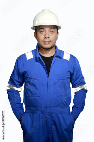 Portrait of an asian man engineer contractor with white background