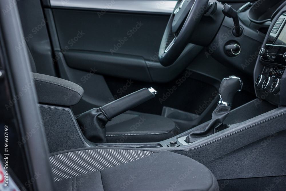car interior with handbrake and gearstick
