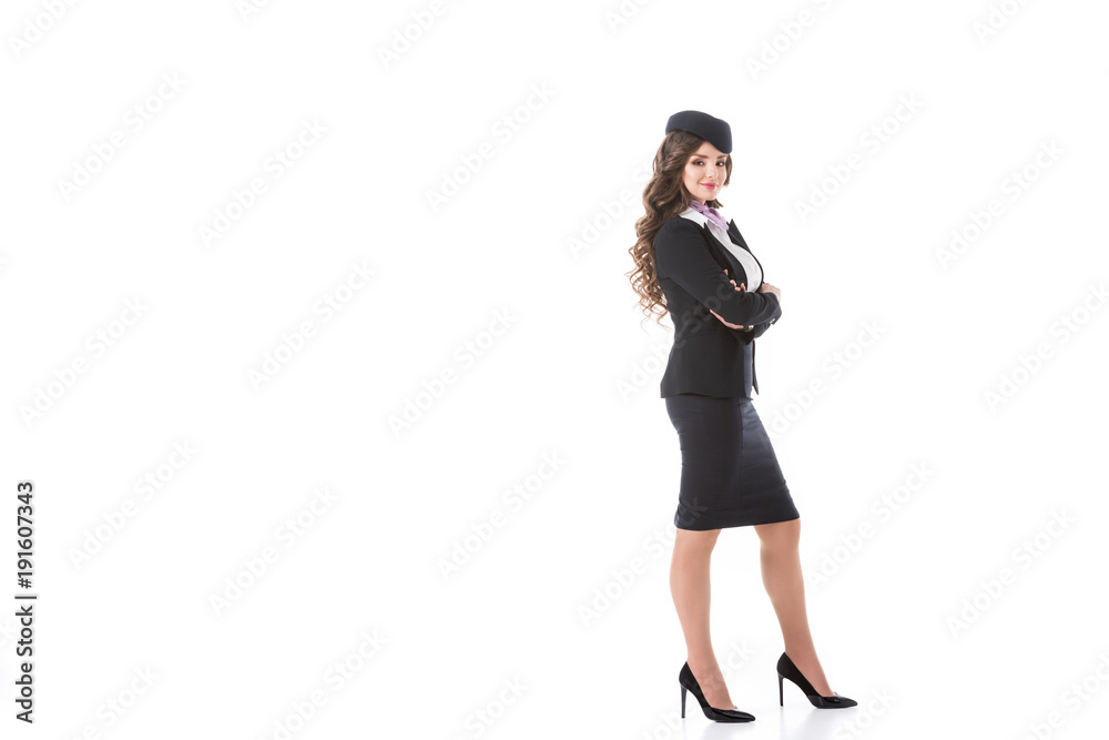 attractive stewardess with crossed arms isolated on white attractive stewardess with crossed arms isolated on white