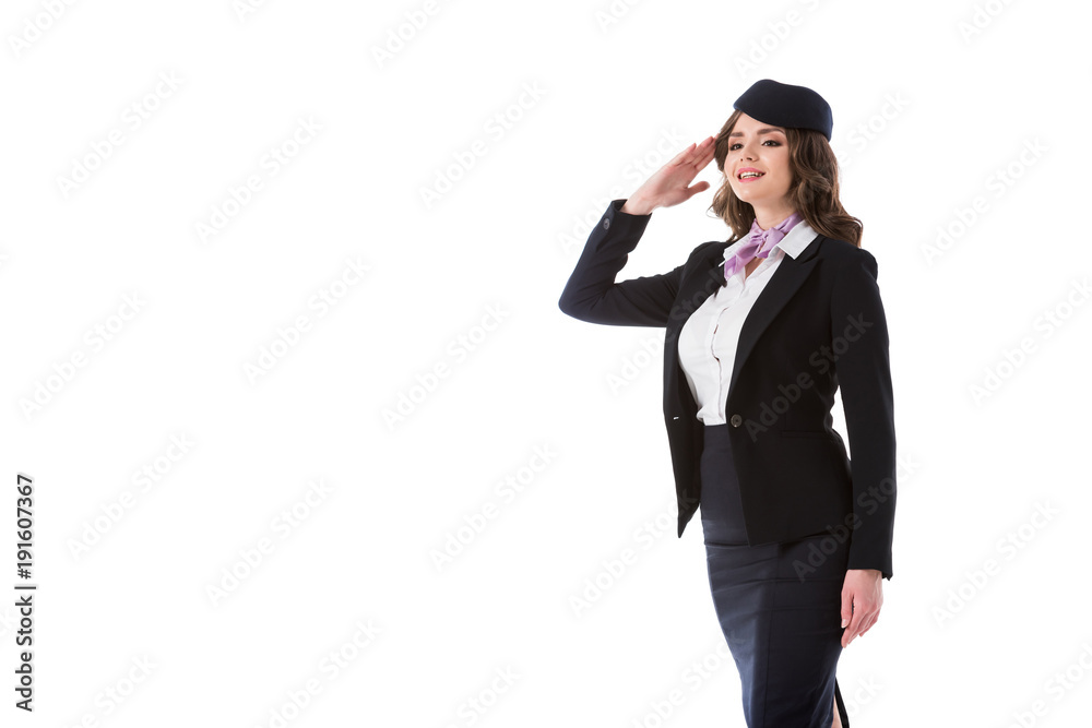 attractive stewardess saluting isolated on white attractive stewardess saluting isolated on white
