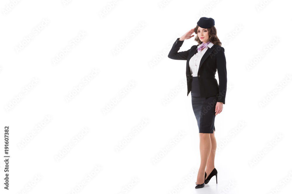 beautiful stewardess saluting isolated on white beautiful stewardess saluting isolated on white