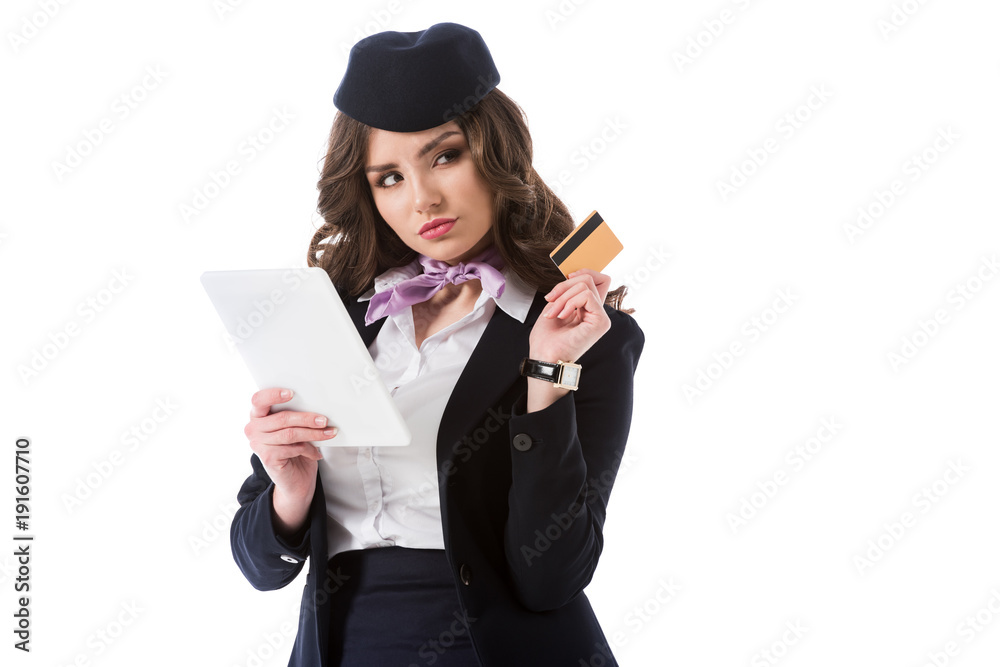 attractive thoughtful stewardess with tablet and credit card isolated on white attractive thoughtful stewardess with tablet and credit card isolated on white