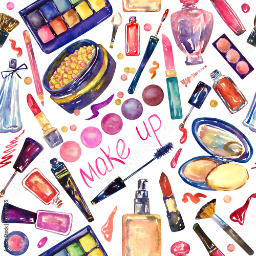 Decorative cosmetics, make up stuff collection, hand painted watercolor illustration, seamless pattern on white background