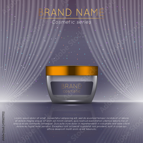 3D realistic cosmetic bottle ads template. Cosmetic brand advertising concept design with wavy light abstract background