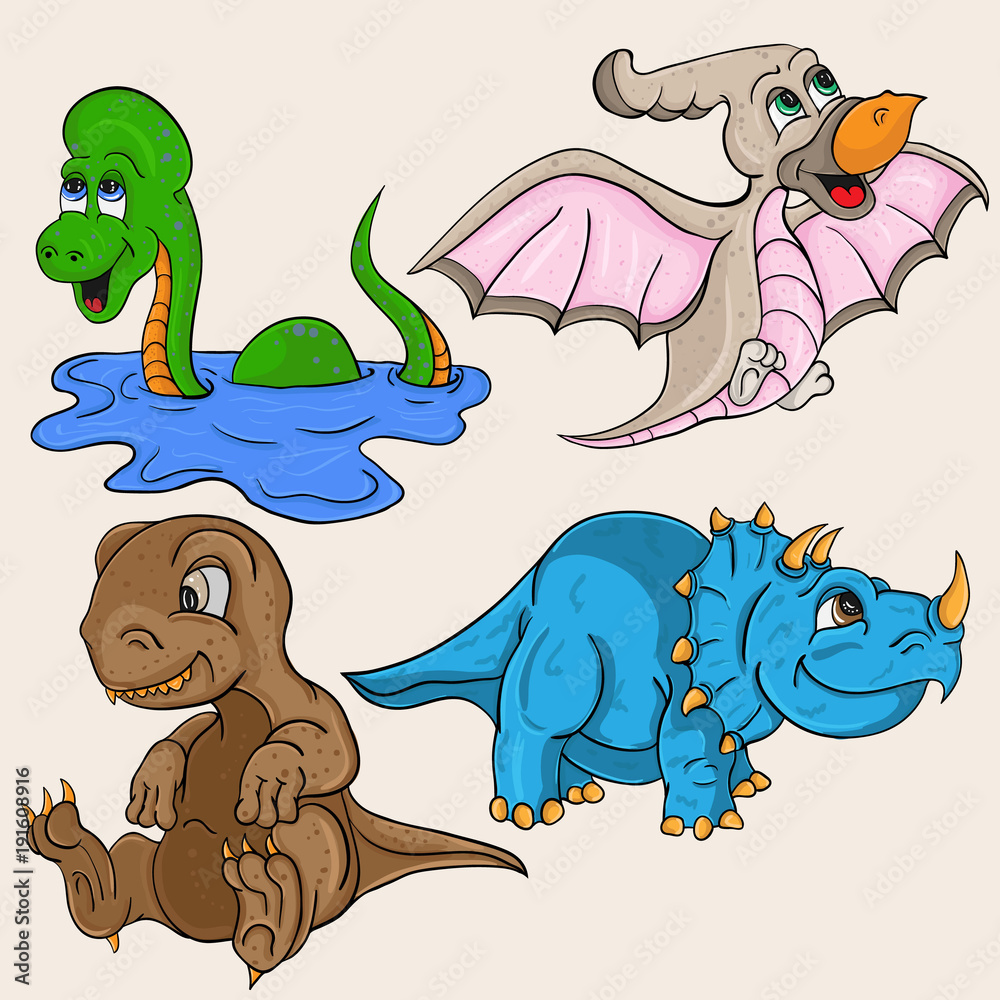 Naklejka premium childrens illustration depicting little cubs of different dinosaurs