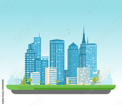 City buildings vector illustration. Small building, big skyscrapers and large city tall skyscrapers on background. Urban street with park and trees near cityscape. Metropolis background.
