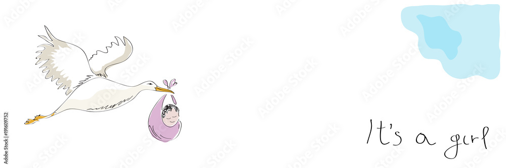 Stork carrying a baby. New birth announcement. It's a girl.  Vector banner illustration made by a child.