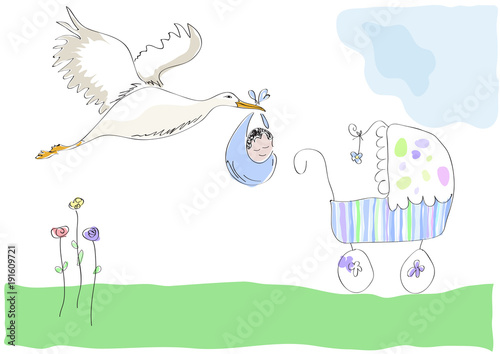 Stork carrying a baby. New birth announcement. It's a boy.  Vector illustration made by a child.