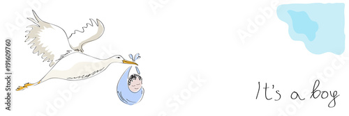 Stork carrying a baby. New birth announcement. It's a boy.  Vector banner illustration made by a child.