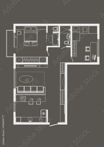linear architectural sketch plan of standart two bedroom apartment on gray background