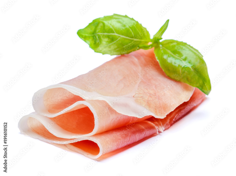 Italian prosciutto crudo or spanish jamon. Raw ham on white background. Italian prosciutto crudo or spanish jamon. Raw ham on white background.