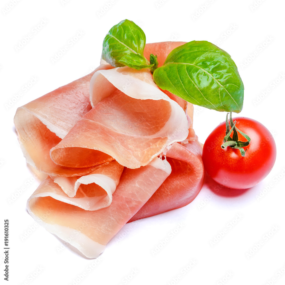 Italian prosciutto crudo or spanish jamon and tomatoes. Raw ham Italian prosciutto crudo or spanish jamon and tomatoes. Raw ham