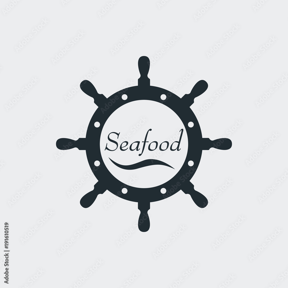 Icono plano con texto Seafood y ola en timón en fondo gris Icono plano con texto Seafood y ola en timón en fondo gris