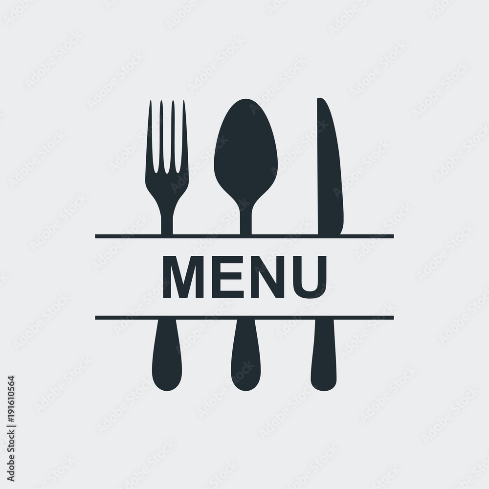 Icono plano MENU en cubiertos en fondo gris Icono plano MENU en cubiertos en fondo gris
