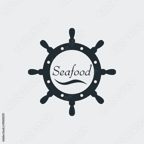 Icono plano con texto Seafood y ola en timón en fondo gris