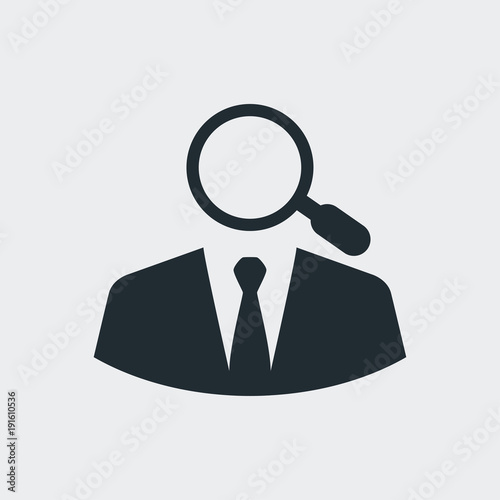 Icono plano hombre de negocios con lupa en fondo gris