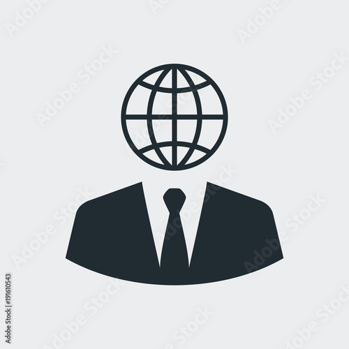 Icono plano abstracto hombre de negocios con globo terráqueo de cabeza en fondo gris