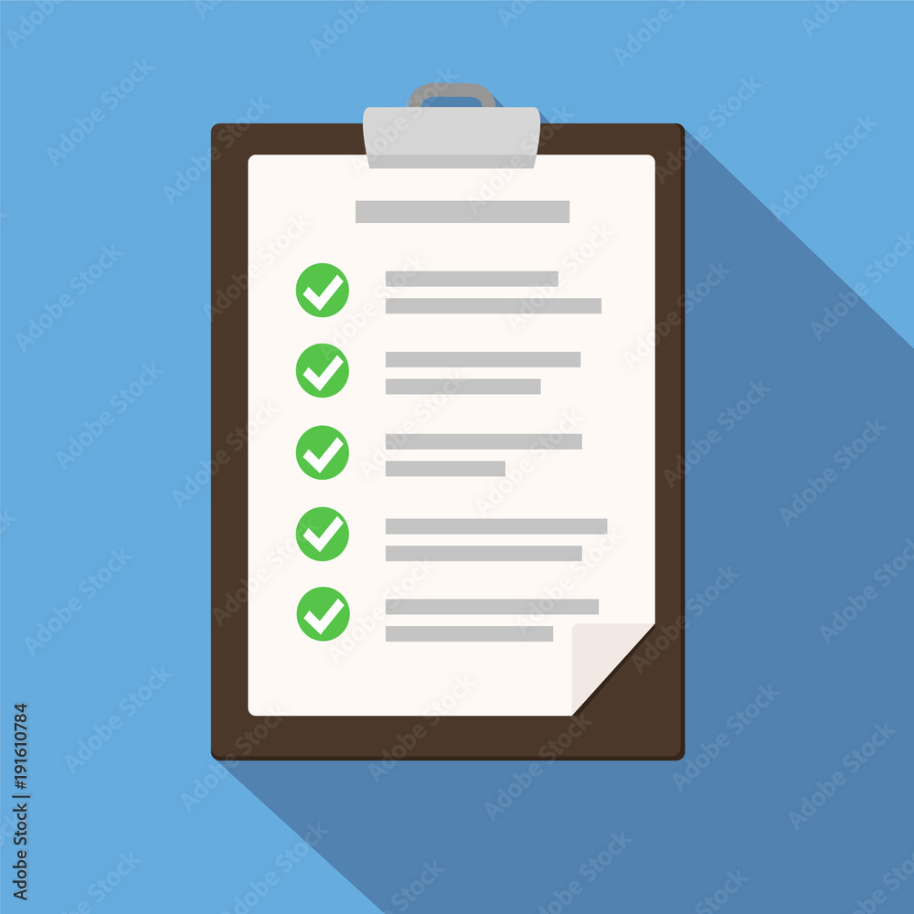 Clipboard with checklist on blue. Flat illustration of clipboard with checklist for web stock vector Clipboard with checklist on blue. Flat illustration of clipboard with checklist for web stock vector