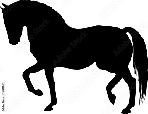 A silhouette of a trotting horse.