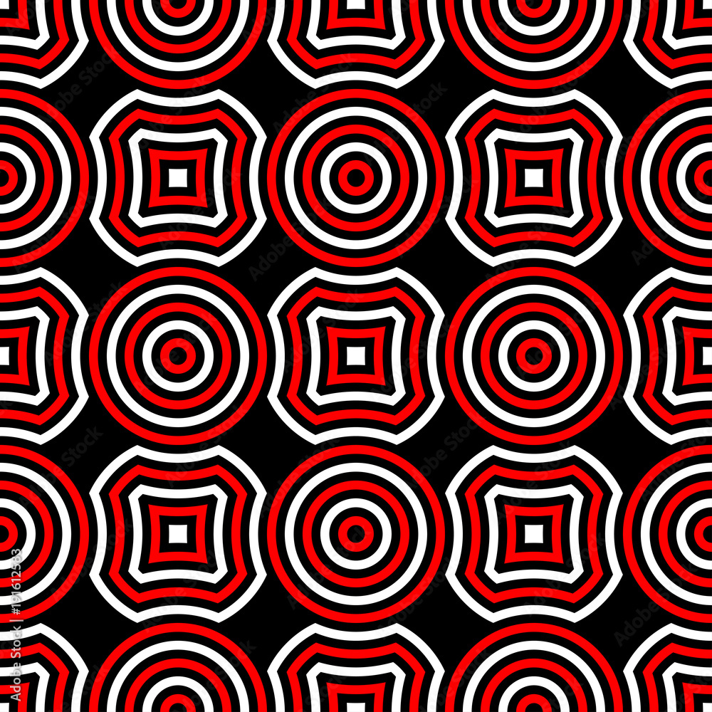 Geometric seamless pattern. Red and white elements on black background Geometric seamless pattern. Red and white elements on black background