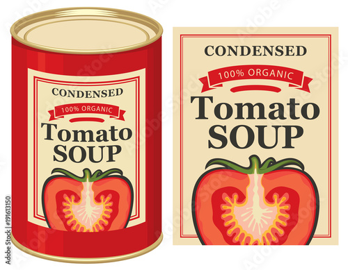 Vector illustration of tin can with a label for the condensed tomato soup with the image of a cut tomato