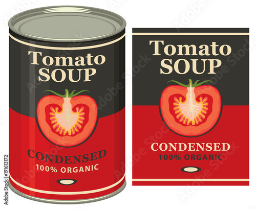 Vector illustration of tin can with a label for the condensed tomato soup with the image of a cut tomato