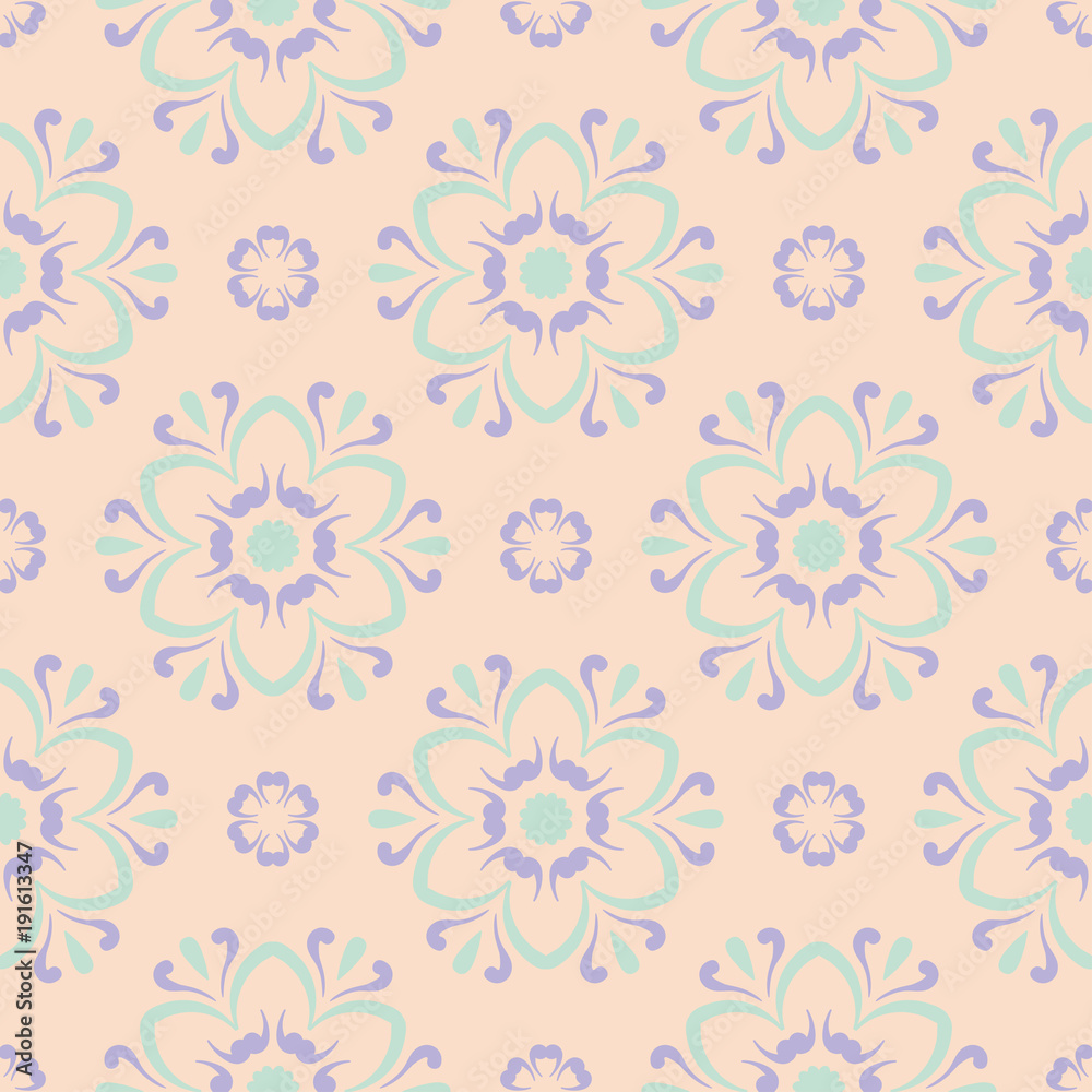 Floral seamless pattern. Beige background with violet and blue flower elements Floral seamless pattern. Beige background with violet and blue flower elements