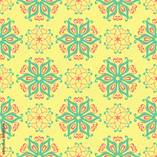Floral seamless pattern. Bright colored background with pink and green flower elements for wallpapers, textile and fabrics
