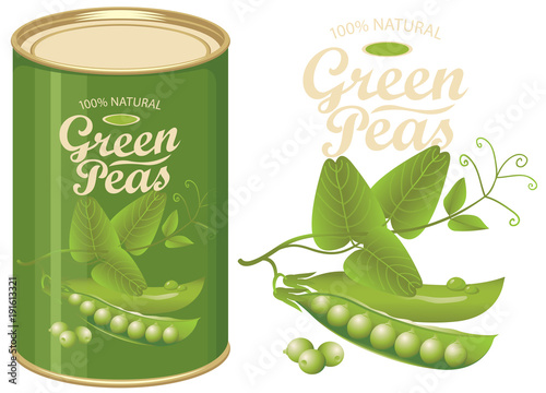 Vector illustration of green tin can with a label for canned green peas with the realistic image of pea pods, tendrils and leaves and calligraphic inscription