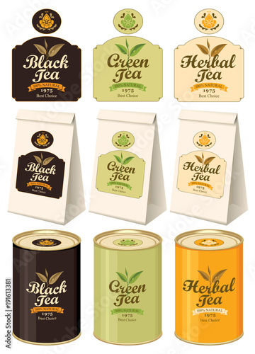 Set of vector banners and labels for various tea with the image of tea leaves on the twig and calligraphic inscriptions. Paper 3D packages and tin cans with this labels for black, green and herbal tea